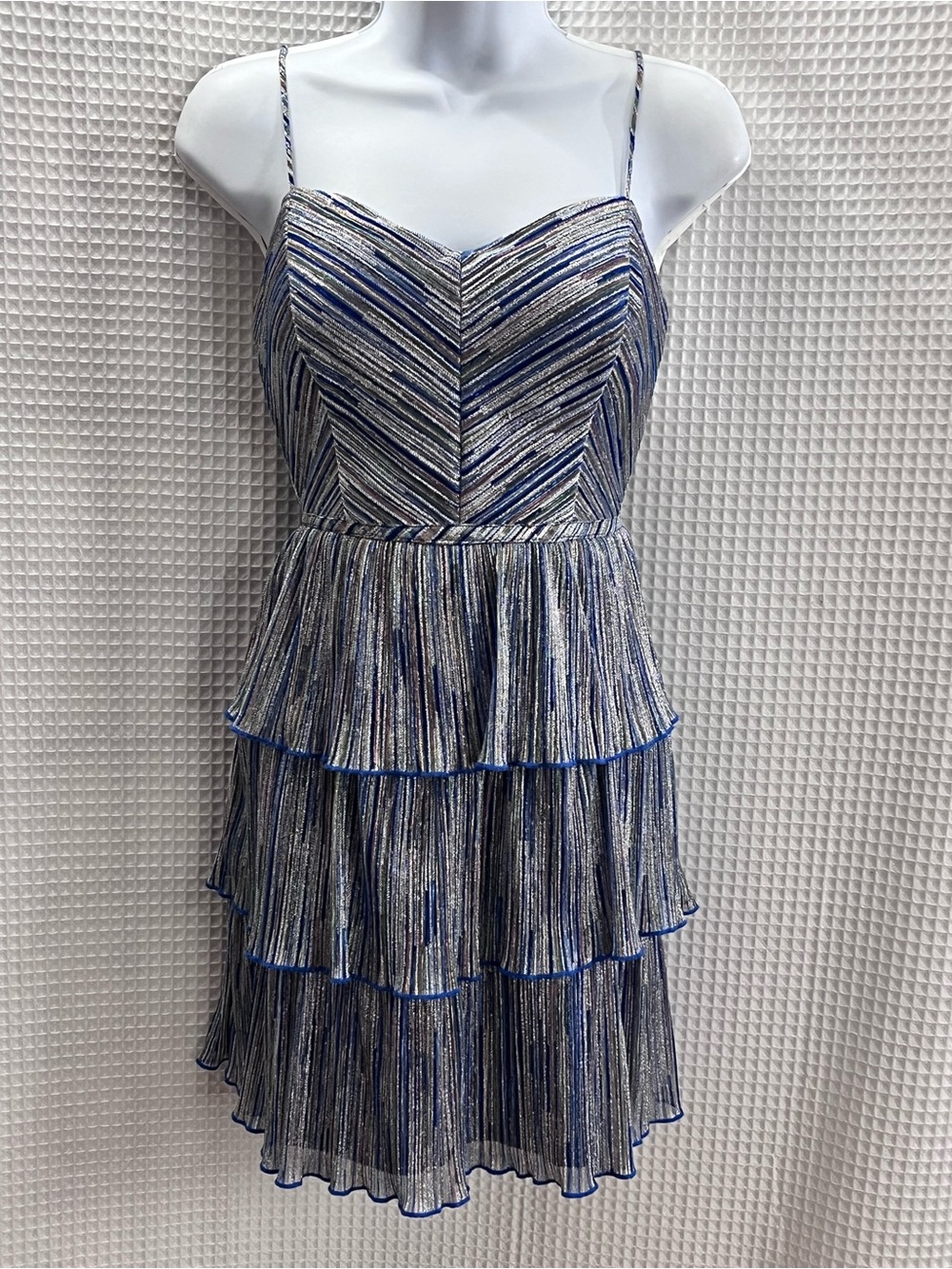 City Studio Blue and Silver Tiered Spaghetti-Strap Mini Dress size 9/10